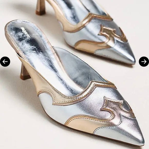 Maeve Shoes - Maeve Silver and Gold kitten Heel mules sz 8.5